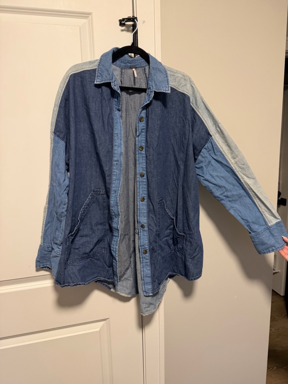 Free People Two-Tone Patchwork Denim Shirt Jacket - Blue - Picture 8 of 9